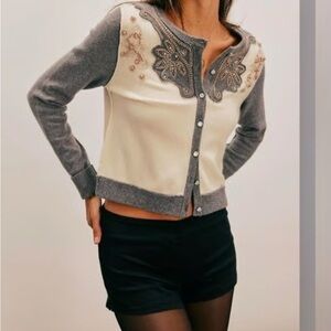 We The Free Gray and Cream Embroidered Cardigan